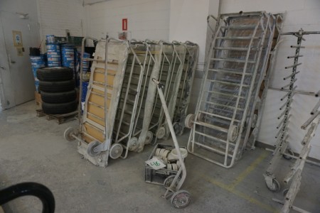Lot of wagons. 6 small wagons and 3 big ones. Small = Length: 63 cm. Width: 70 cm. Store = Length: 205 cm. Width: 70 cm. + trolley and wheels for wagons.