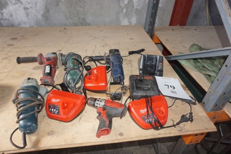 Various power tools and chargers + screwdriver without battery.