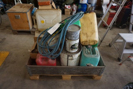 Pallet with various containers and more.