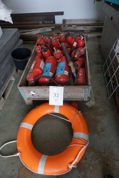Pallet with fire extinguishers + Rescue ring ,.
