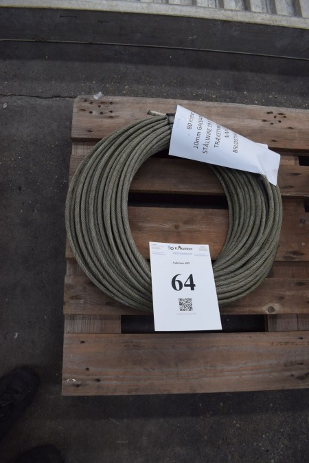 80 meters, 10mm galvanized steel wire 19x7 threads, tensile strength 1960 N / MM2, breaking strength 68 Kn
