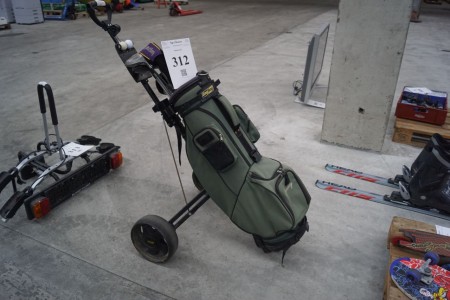 Golf bag on wheels with various clubs brand Bagboy. Dunlop, Supergiant, Wilson, etc.