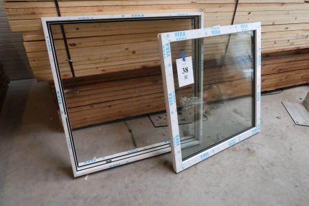 Plastic window, white / white, B115.5xH116 cm, frame width 11.5 cm, hinges missing