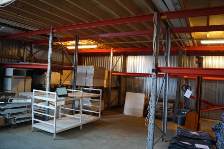 Lot of pallet shelves. 10 courses of 4 meters with 70 rods. 12 gallows. Respectively. approved for 1000 and 500 kg. Repos rests on shelves must be agreed with the buyer.