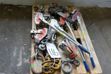 Pallet including various lifting gear, lever blocks, shackles etc.