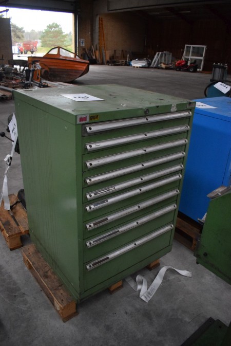 Tool cabinet with 9 pull-out drawers, some with content, 71x71x105.