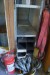 2 compartment steel shelves containing various + 2 cabinets.