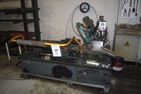 Band saw automatic brand Pedrazzoli model Seghetto A Nastro Type Brown SN 270 / S-AP / CN with clamping + Band saw blades on Wall.