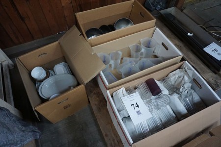 Lot of dishes + bowls + plastic jugs with various glasses.