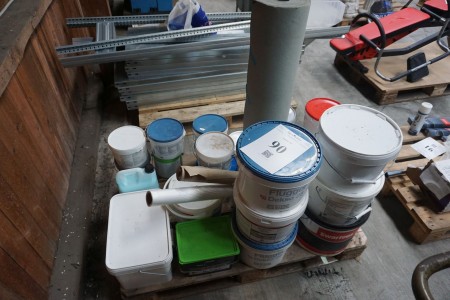 Lot of paint, some used + large roll of heavy duty cover.