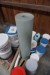 Lot of paint, some used + large roll of heavy duty cover.