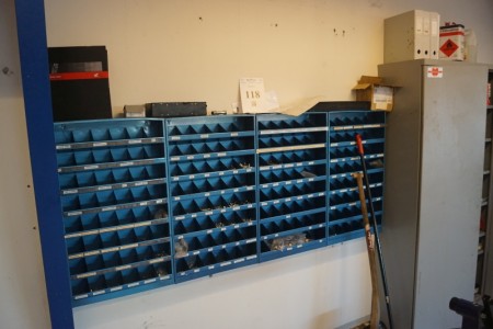 4 assortment of shelves, with contents, various screws, etc. 50x85x12