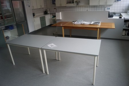 3 pieces. tables 2 = 120 * 80 * 74 cm, 1 = 245 * 90 * 74 cm + stools.