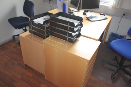 Desktop + 2 drawer sections + 2 shelving + 2 chairs. All without content. PC + phone not included