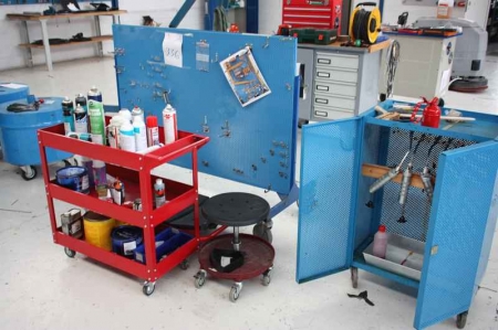 Tool Trolley and grease syringes, tool panel  on wheels, mechanic´s trolley, tool cabinet on wheels