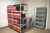 3 section steel shelving + file cabinet no content + 3M display screen + Esselte canvas + shredder + 5 pictures