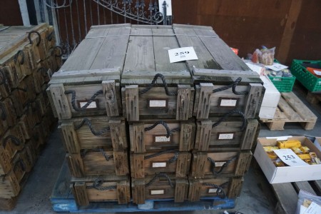 12 wooden ammunition boxes. L 115 cm W 33 cm H 22 cm