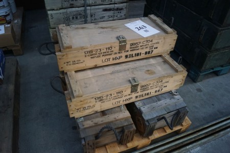 5 wooden ammunition boxes L 3x82 cm W 3x 29 cm H 3x18 cm L 2x110 cm W 2x33 cm H 2x 19 cm