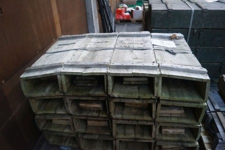 16 wooden ammunition boxes. L91 cm W 31 cm H 22 cm note the ends that are missing in the boxes are inside the boxes.