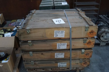 6 wooden ammunition boxes. L 121 cm wide 41 cm height 25 cm