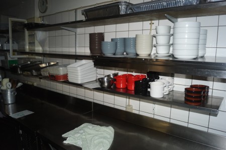 Lot Serving cups and dishes on 1 shelf.