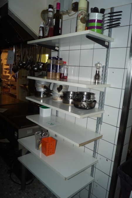 Various pots and pans etc. on the shelf.