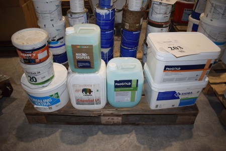 Various wall paint and wallpaper glue. Assorted colors and unknown number of liters. From the bankruptcy estate of Egholm Painting Company