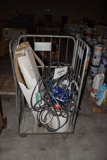 Cage with various paint accessories and tissue adhesives. From the bankruptcy estate of Egholm Painting Company