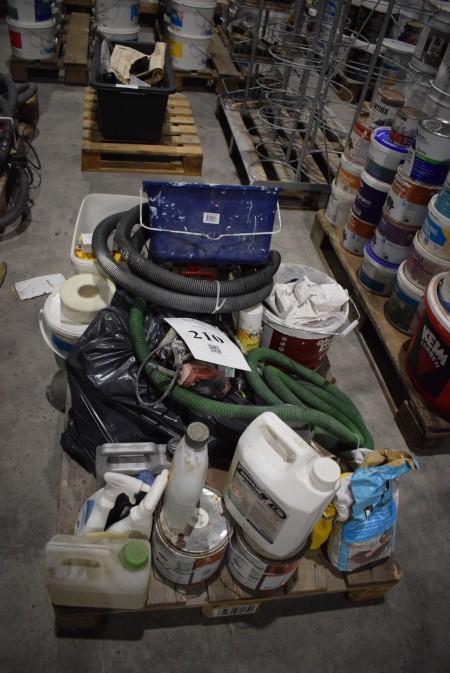 Paint + paint accessories + vacuum hose + paint bucket. From the bankruptcy estate of Egholm Painting Company