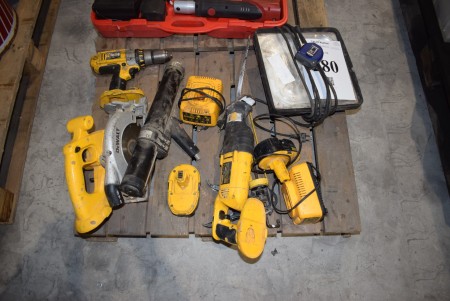 1 drill + 1 circular saw + 1 jigsaw + 2 batteries with 2 chargers etc. Brand: Dewalt. Everything works.