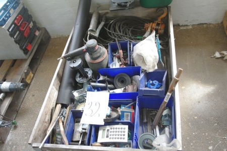 Pallet of various tools, cable, air grinder, etc.