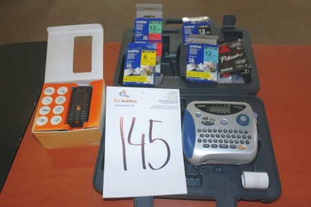Brother P-Touch labeling machine with charger and various tapes. + Sony Ericsson W200i mobile phone.