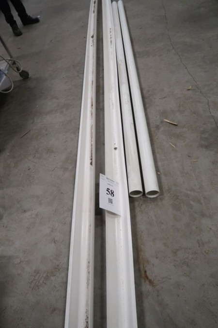 Tagrender og nedløb, hvid, plast. Tagrende: 4", længde 2/600 cm. Nedløb: Ø70 mm, længde 300 cm
