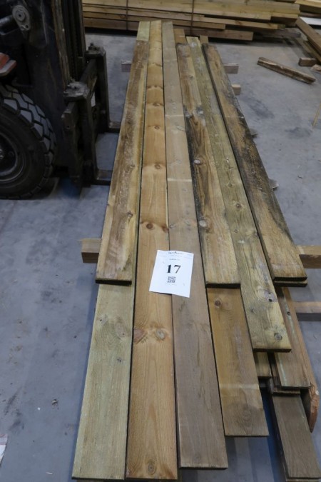 Estimated 29 meters rough boards, pressure-impregnated, 19/25 / 35x130 mm. Length 300-450 cm