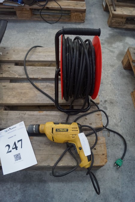 FALKE cordless drill with cord, and cable drum.