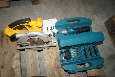 Unused makita screwdriver, with charger and bits + DeWalt circular saw charger.