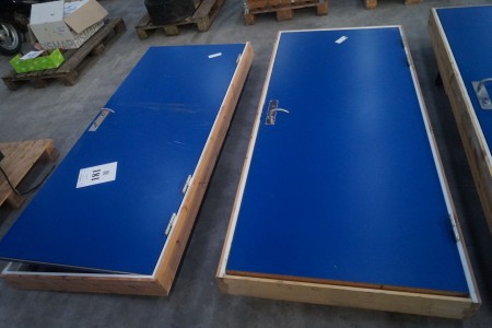 Fire door in blue, with frame. 209x89cm.