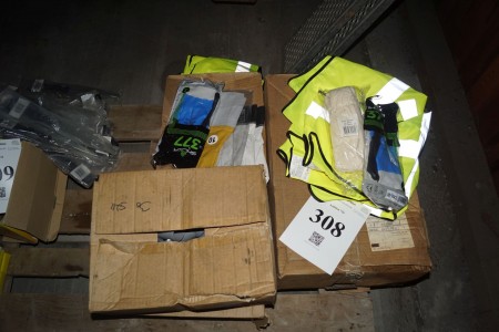 Various pipe fittings + gloves + safety vests.