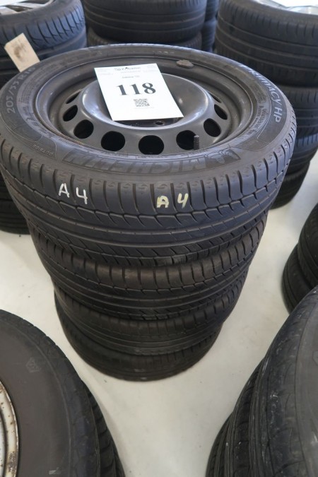 4 stk. stålfælge med dæk, 205/55R15, til VAG, hulmål 5x112 mm
