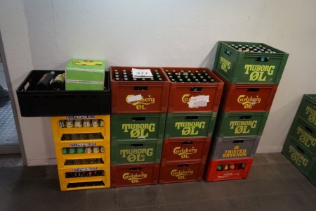 Stort parti øl, sodavand og vin. 12 kasser øl, 4 kasser sodavand, 19 flasker vin.