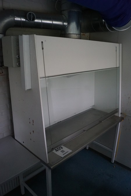 Fume cupboard with glass pane and exhaust. Disassembled by damper.