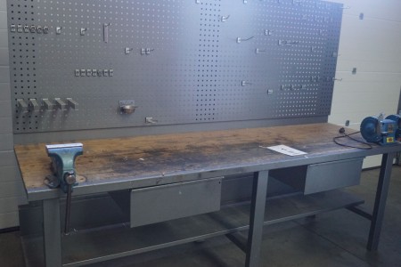 Wooden file bench with fitted abrasive, vice and workshop board.