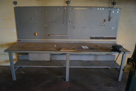 Wooden file bench with drawer, vice and tool board.