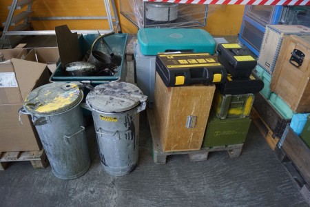 Container with contents + 2 buckets + various ammunition boxes