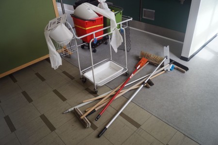 Cleaning trolley with various cleaning items