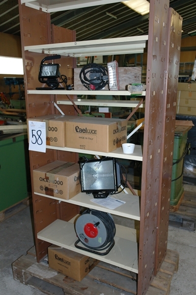 2 sections steel rack containing work lights, Fael Luce Okay 1000. 1000 Watts. 4 Unused. + Cable reels etc.