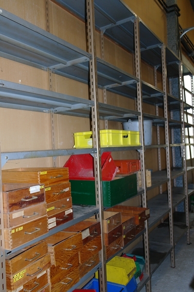 5 section steel rack, 45 cm. wide + 3 feet tall + various boxes