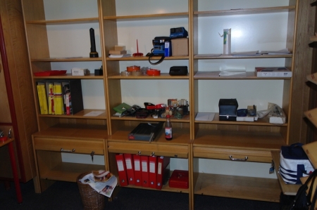 3 shelves with content. 2 Polaroid Cameras + paper cutter + dymo + miscellaneous office supplies. + Desk + side table, etc.