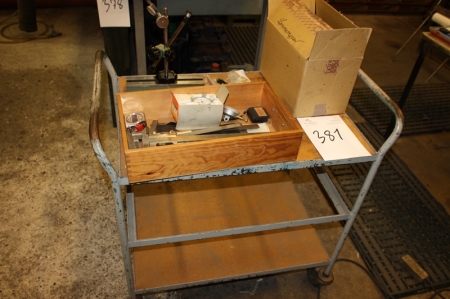 Trolley with various caliper measurement + stand + box of calculators.