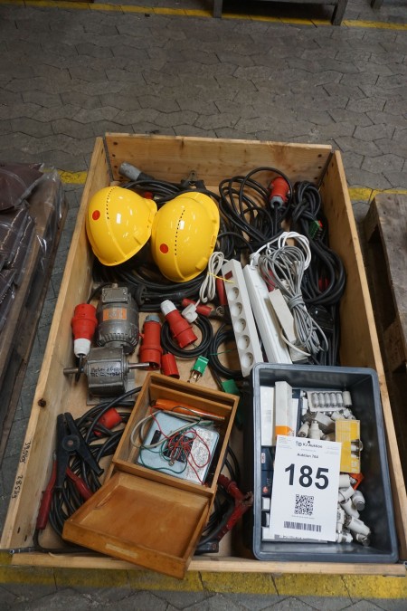 Large lot of power cables (16A), starter cables, helmets, gear motor, bulbs etc.